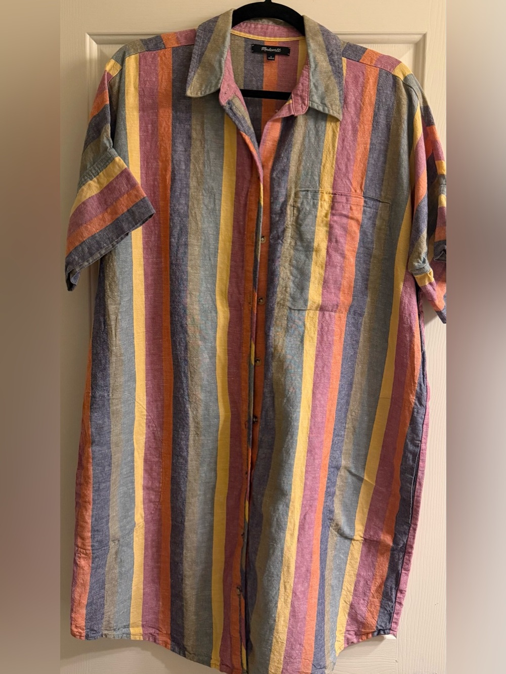 Madewell Multicolor Striped, Short-Sleeve, linen blend Button-Down Shirt dress